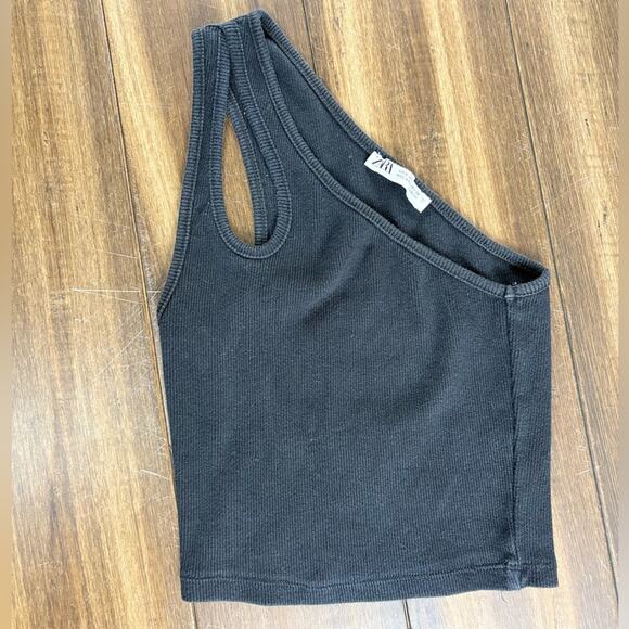 size S Zara Black Crop Top, cut out asymmetrical ribbed, stretchy Y2K shoulder - Picture 1 of 6